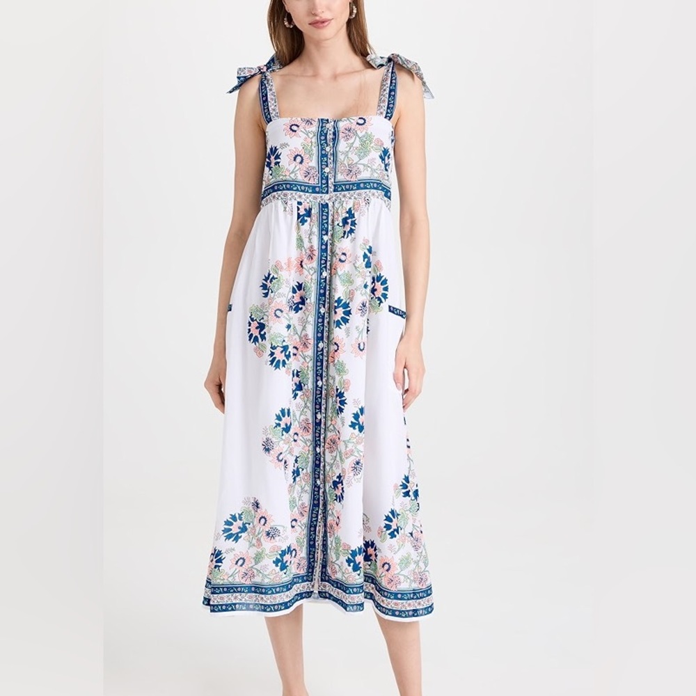 Juliet Dunn tie shoulder 100% cotton midi dress in rose border print